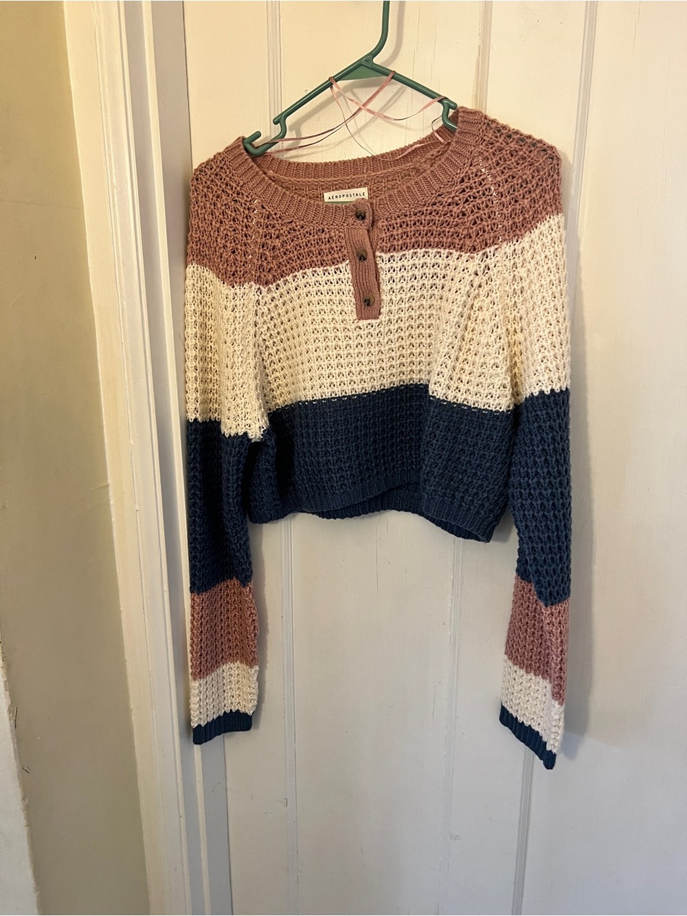 Aeropostale Cropped Colorblock Knit Sweater - Dusty Rose, Cream & Navy